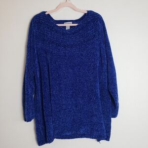 Cable Knit Sweater Royal Blue Chenille Long Sleeve Boat Neck Cozy Soft Pullover